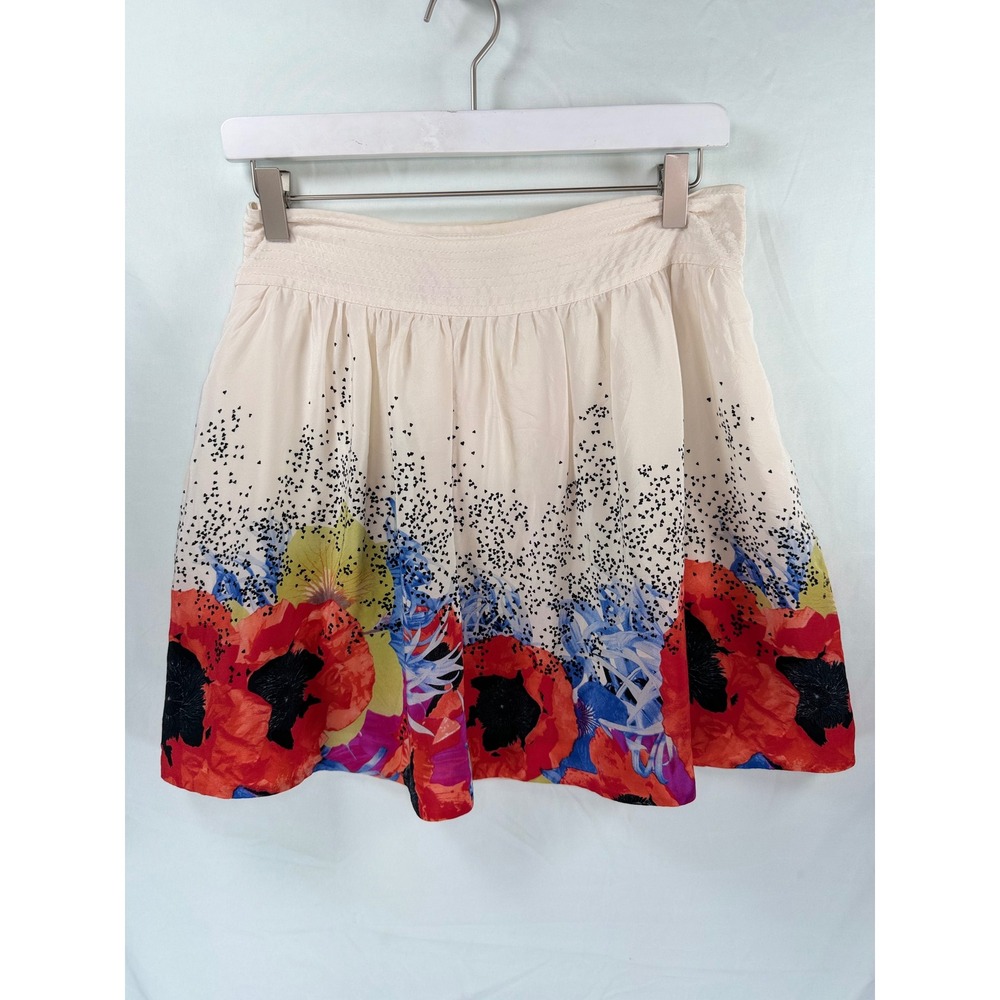 Leifsdottir Silk Mini Skirt Size 4 Cream Floral Poppy Print Flared A-Line